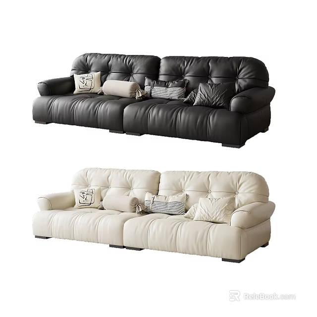 Black and Cream Leather Two Seater Sofas with Comfortable Decorative Cushions 3d model 