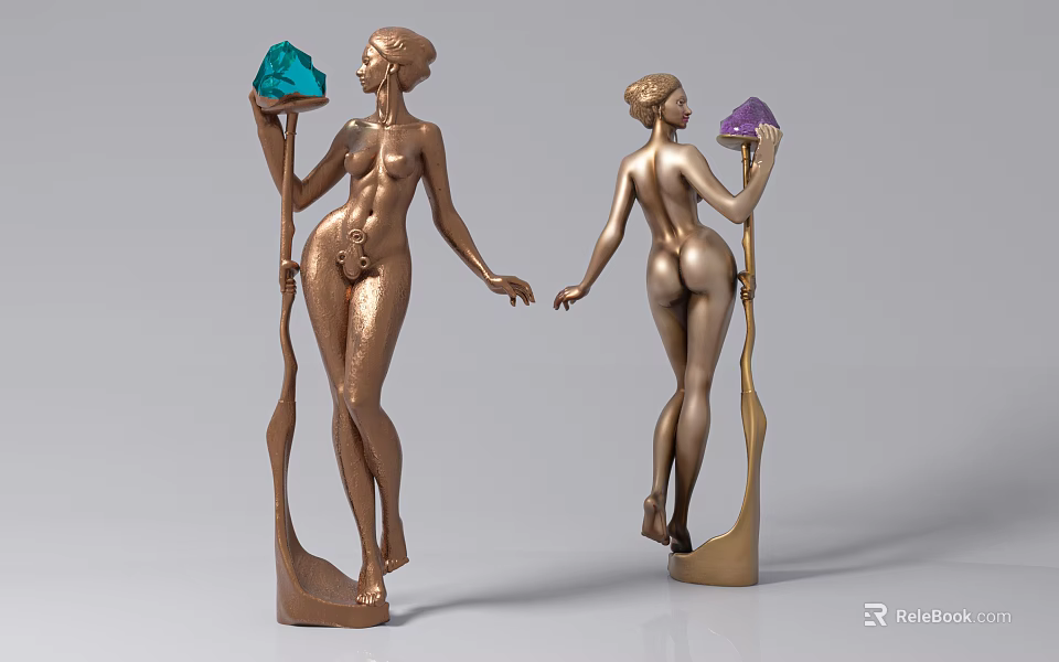 Female Sculptures Holding Blue and Purple Gemstones Golden Bronze Artwork Front and Back Views 3d model 