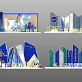 Modern Exhibition Booth Designs With Blue Green White Geometric Structures And Logos 3d model