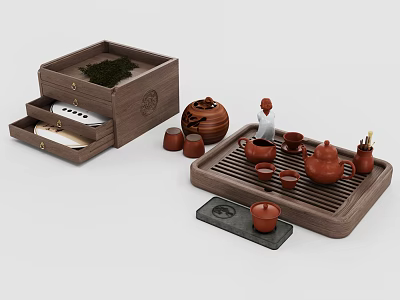 Traditional Tea Set with Purple Clay Teapot Teacups Wooden Tray Storage Box and Tea Leaves 3d model
