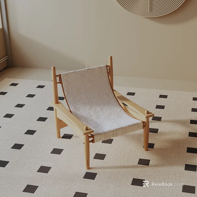 Modern Lounge Chair with Wooden Frame and Light Fabric Seat on Black White Checkered Rug 3d model 