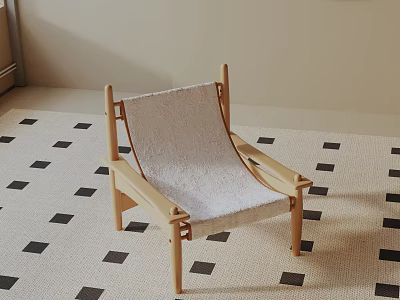 Modern Lounge Chair with Wooden Frame and Light Fabric Seat on Black White Checkered Rug 3d model