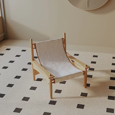Modern Lounge Chair with Wooden Frame and Light Fabric Seat on Black White Checkered Rug 3d model