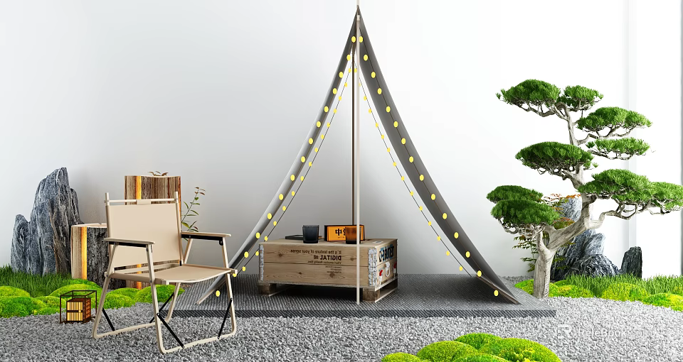 Camping Tent Outdoor Setup With Folding Chair Wooden Crate Green Plants And String Lights 3d model 