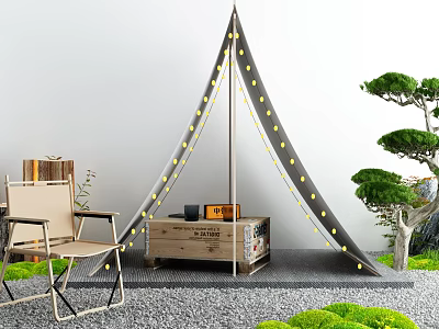 Camping Tent Outdoor Setup With Folding Chair Wooden Crate Green Plants And String Lights 3d model
