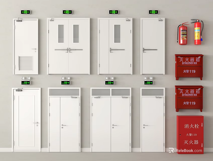 Various Fire Safety Equipment Including Fire Doors Extinguishers Cabinets And Indicator Lights 3d model 