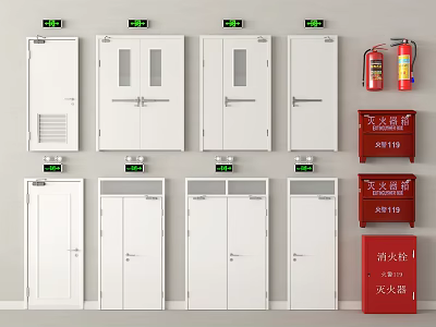 Various Fire Safety Equipment Including Fire Doors Extinguishers Cabinets And Indicator Lights 3d model