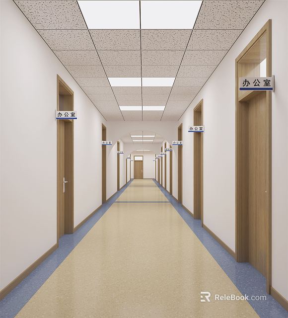 Bright Office Hallway Interior With Wooden Doors Office Signs And Ceiling Lights 3d model 