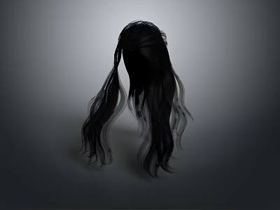 Black Long Hair Wig With Head Contour Shape And Flowing Strands On Dark Background 3d model
