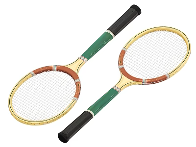 Two Sports Equipment Tennis Rackets Featuring Gold Frame Black Green Handles And Brown Trim 3d model