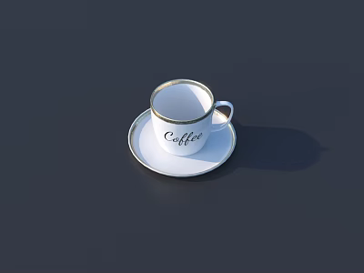 Elegant White Coffee Cup And Saucer With Gold Rim And Coffee Text On Dark Background 3d model