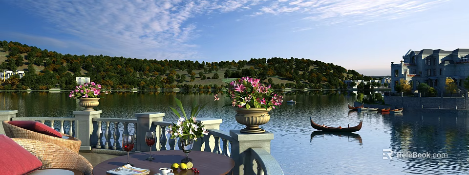 Scenic Lakeside View with Gondola Hillside Trees Blue Sky and Flower Vases on Terrace Table 3d model 