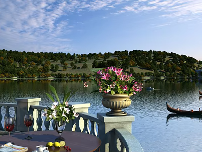 Scenic Lakeside View with Gondola Hillside Trees Blue Sky and Flower Vases on Terrace Table 3d model