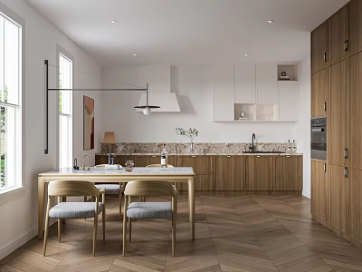 Bright Modern Kitchen Interior With Wooden Cabinets Dining Table Chairs And Herringbone Floor 3d model