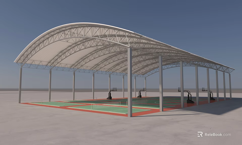 Outdoor Basketball Court With Arched White Membrane Roof Metal Pillars Red Green Court Surface 3d model 