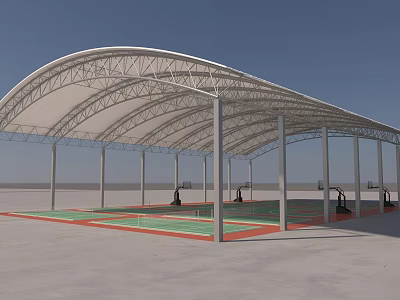 Outdoor Basketball Court With Arched White Membrane Roof Metal Pillars Red Green Court Surface 3d model