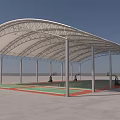 Outdoor Basketball Court With Arched White Membrane Roof Metal Pillars Red Green Court Surface