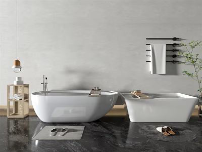 Two White Bathtubs In Modern Bathroom With Black Marble Floor Towel Rack And Green Plant 3d model