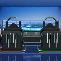Futuristic Exhibition Hall with Seats Glowing Lines Large Screens City Night View and Person Standing