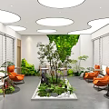 Modern Lounge Area with Circular Skylights Window Blinds Orange Chairs and Central Green Plant Landscape
