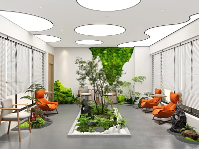 Modern Lounge Area with Circular Skylights Window Blinds Orange Chairs and Central Green Plant Landscape 3d model
