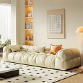 Modern Living Room With Beige Sofa Black And White Geometric Rug And Floor Lamp