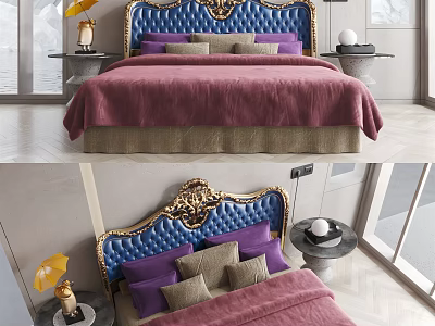 Luxurious Double Bed with Blue Tufted Headboard Gold Trim and Purple Beige Pillows 3d model