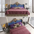 Luxurious Double Bed with Blue Tufted Headboard Gold Trim and Purple Beige Pillows