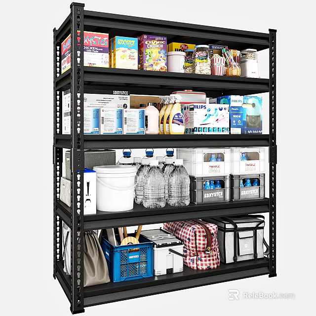 Multi tiered Metal Storage Rack With Food Cans Cleaning Supplies Buckets And Storage Bins 3d model 