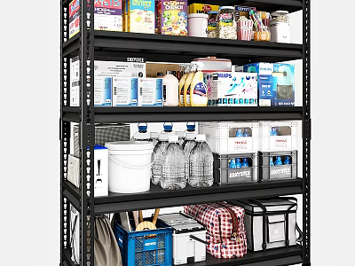 Multi tiered Metal Storage Rack With Food Cans Cleaning Supplies Buckets And Storage Bins 3d model