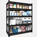 Multi tiered Metal Storage Rack With Food Cans Cleaning Supplies Buckets And Storage Bins