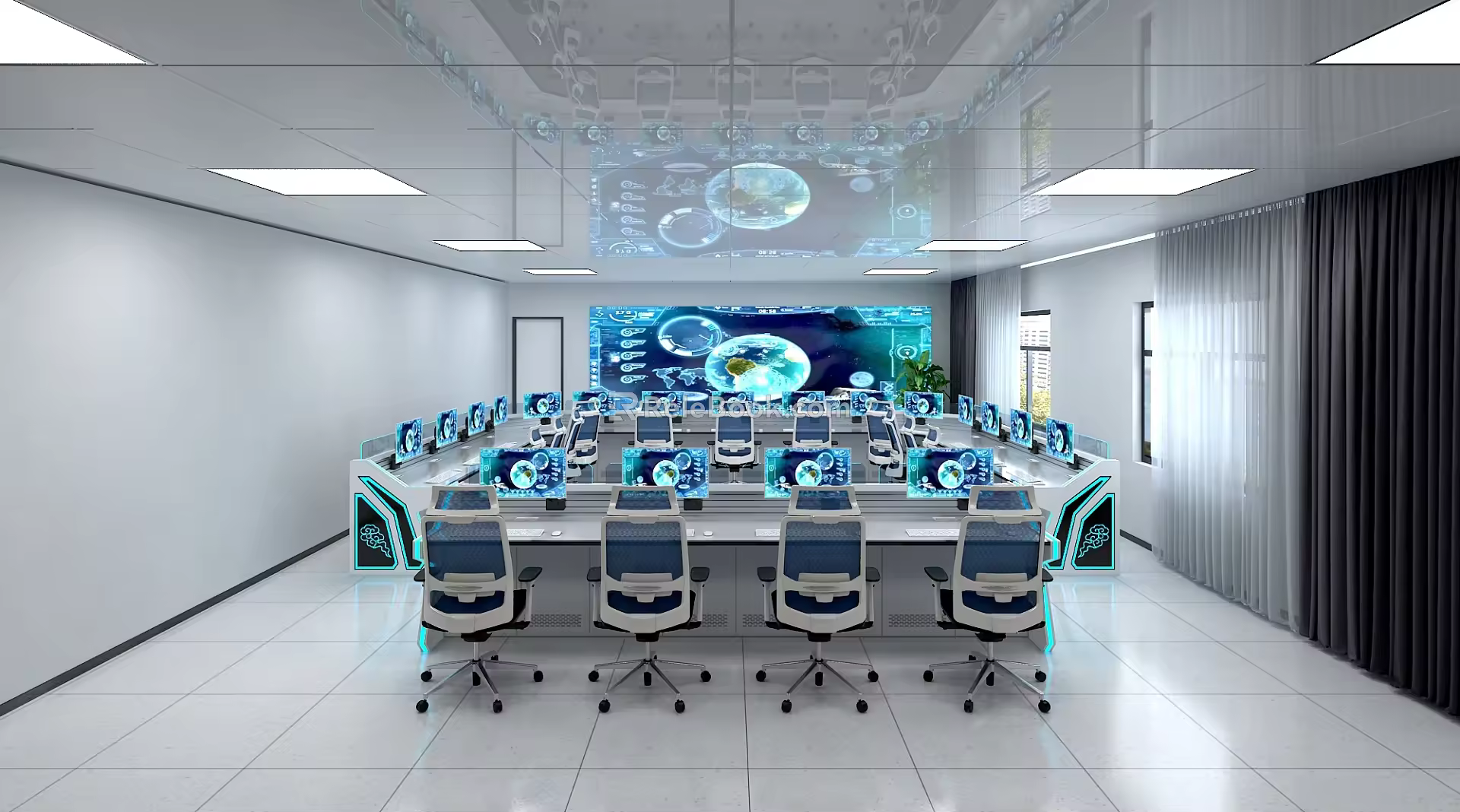 Modern monitoring room bow technology console data laboratory monitoring center 3d model