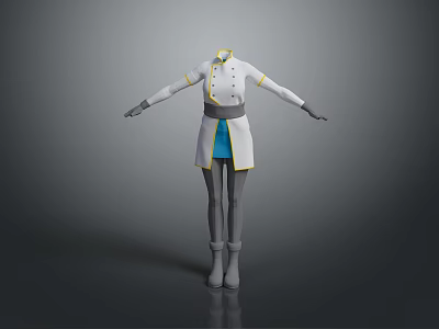 Stylish White Coat With Yellow Trim Long Sleeves And Blue Skirt Design 3d model