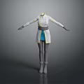 Stylish White Coat With Yellow Trim Long Sleeves And Blue Skirt Design
