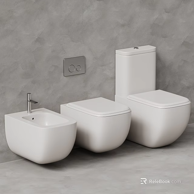 Sleek Modern White Toilets with Bidet Against Gray Wall in Bathroom Interior 3d model 