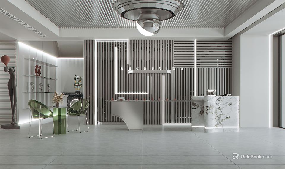 Modern Store Front Desk With Marble Counter Stylish Lighting And Elegant Design Elements 3d model 