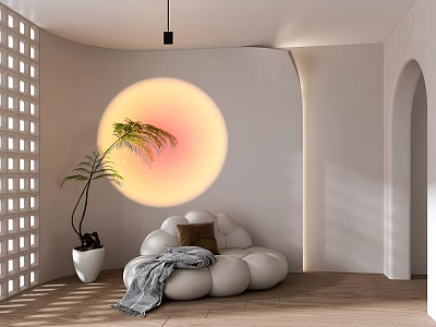 Modern Room Interior With Circular Sunset Lamp Cloud Sofa And Green Plant 3d model