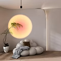 Modern Room Interior With Circular Sunset Lamp Cloud Sofa And Green Plant 3d model