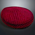 Red Round Hat With Striped Surface And Polka Dot Details Featuring Black Trim