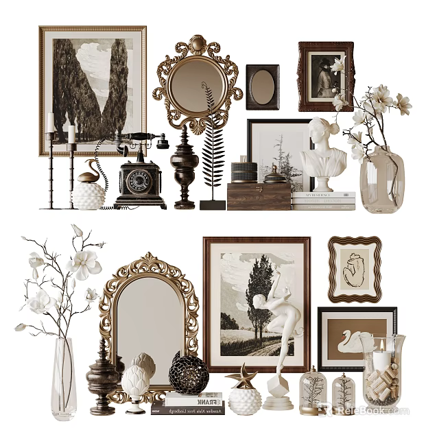 Elegant Decorative Ornament Combination With Ornate Mirrors Vintage Frames Antique Clocks And Ceramic Vases 3d model 