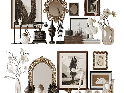 Elegant Decorative Ornament Combination With Ornate Mirrors Vintage Frames Antique Clocks And Ceramic Vases 3d model