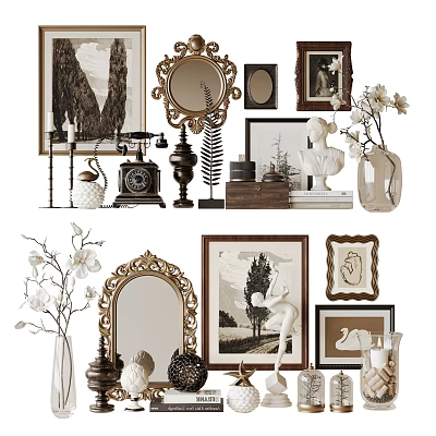 Elegant Decorative Ornament Combination With Ornate Mirrors Vintage Frames Antique Clocks And Ceramic Vases 3d model