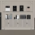 Modern Household Appliances Display with Coffee Maker Water Dispenser Refrigerator on White Cabinet and Shelf