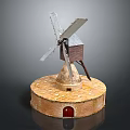 Detailed Wooden Windmill Building Model With Circular Base And Red Door Structure