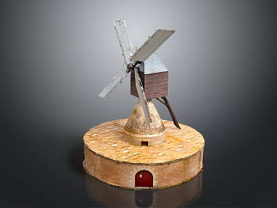 Detailed Wooden Windmill Building Model With Circular Base And Red Door Structure 3d model