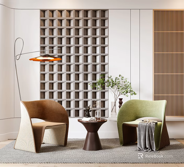 Modern Leisure Sofa Set With Two Tone Chairs Small Coffee Table And Grid Wall 3d model