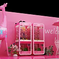 Pink Outdoor Setting With Palm Tree Umbrella Chairs And Romantic Journey