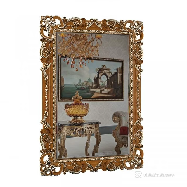 Ornate Golden Framed Mirror Reflecting Painting Decorative Vase Small Table Chair And Chandelier 3d model 