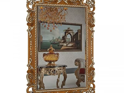Ornate Golden Framed Mirror Reflecting Painting Decorative Vase Small Table Chair And Chandelier 3d model