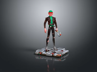 Green Haired Game Character In Black Leather Jacket With Goggles Wrench And Platform Base Design 3d model